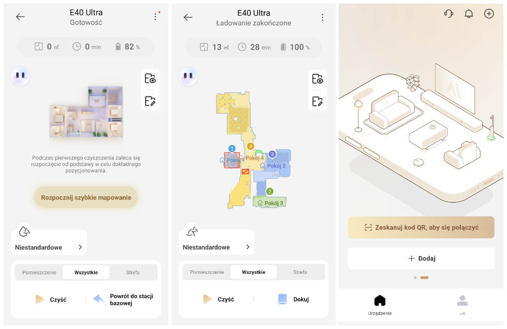 Zrzuty ekranu z aplikacji MOVAhome do sterowania odkurzaczem.