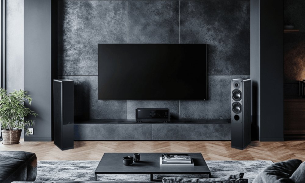 Salon w stylu japandi z nowoczesnym sprzętem audio-wideo