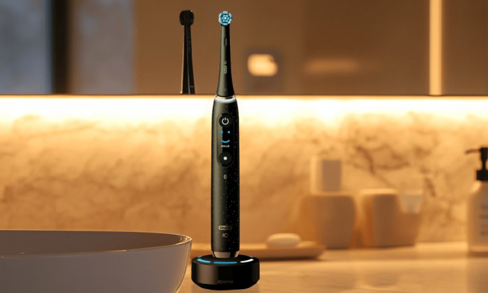 szczoteczka elektryczna na blacie w eleganckiej łazience