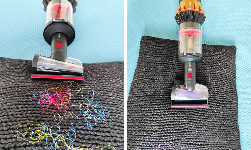 Odkurzanie kolorowych nitek na poduszce odkurzaczem Dyson V16