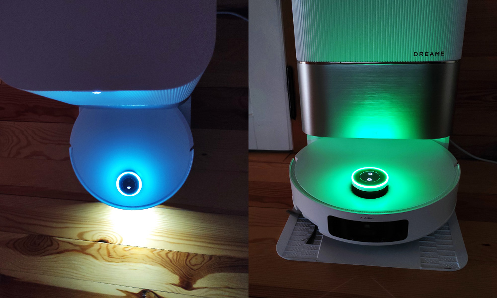 test robota Dreame X50 Ultra Complete robot świeci zielonym i niebieskim światłem