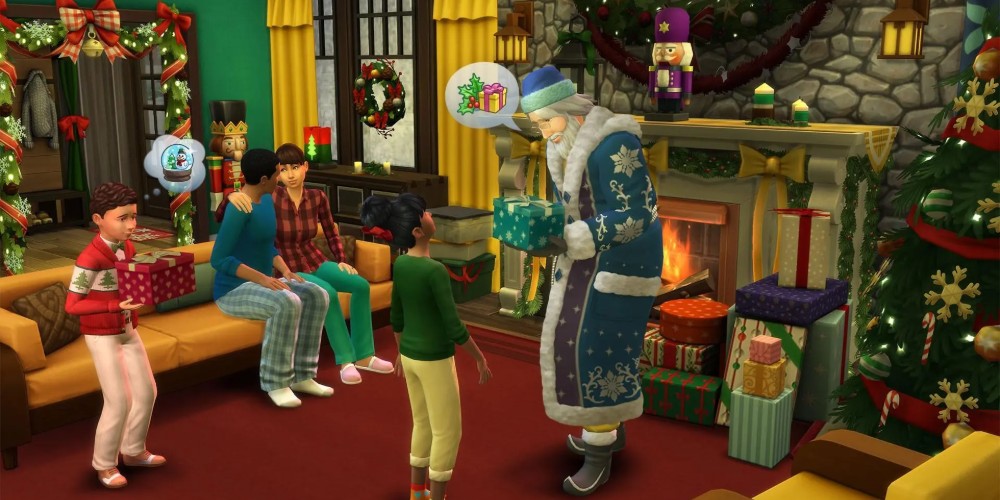 Rodzina Simów przyjmuje prezenty od mikołaja