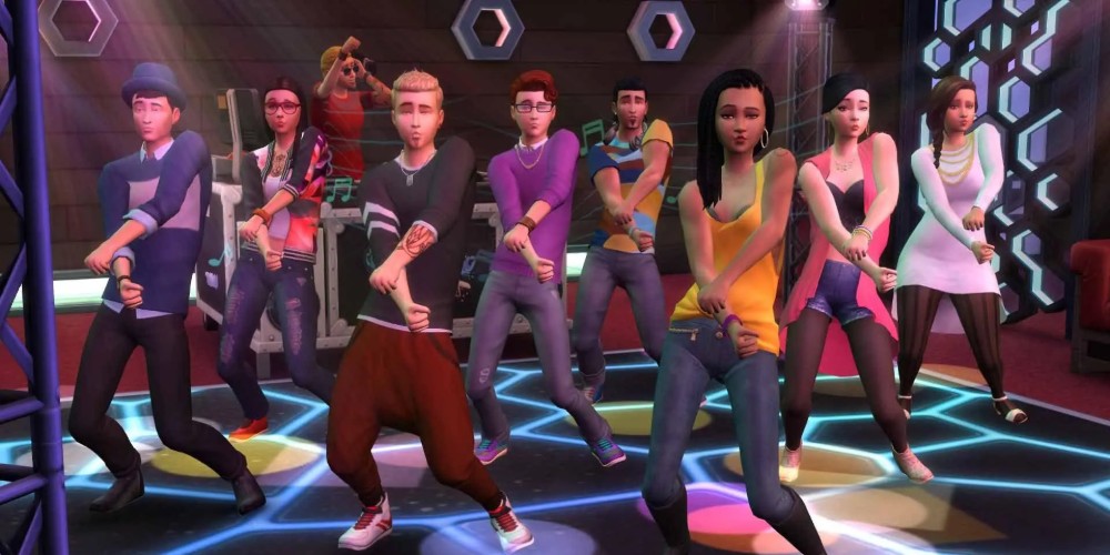 Simowie tańczący razem w dyskotece