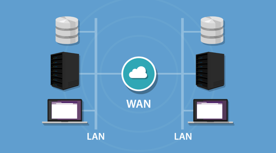 Ilustracja pokazująca połączenia LAN do sieci WAN