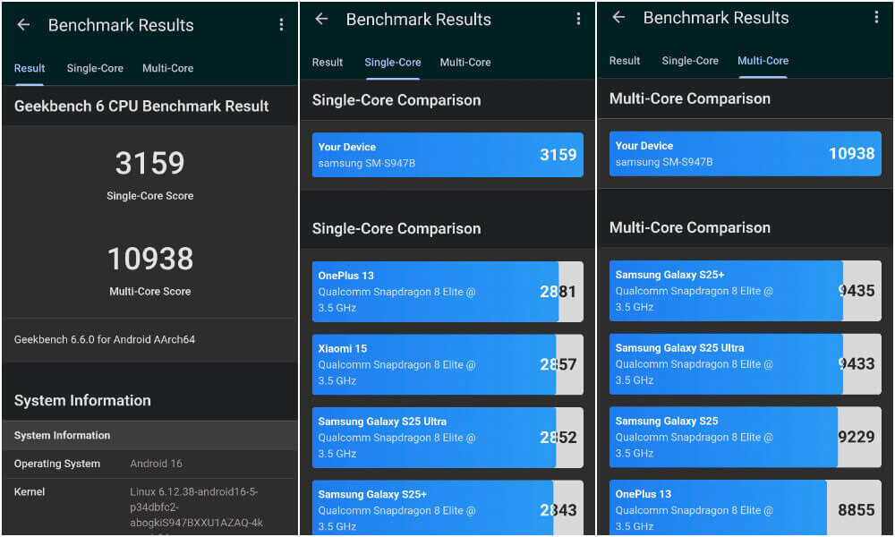 Test wydajności procesora w telefonie samsung galaxy s26+ w aplikacji geekbench 6.