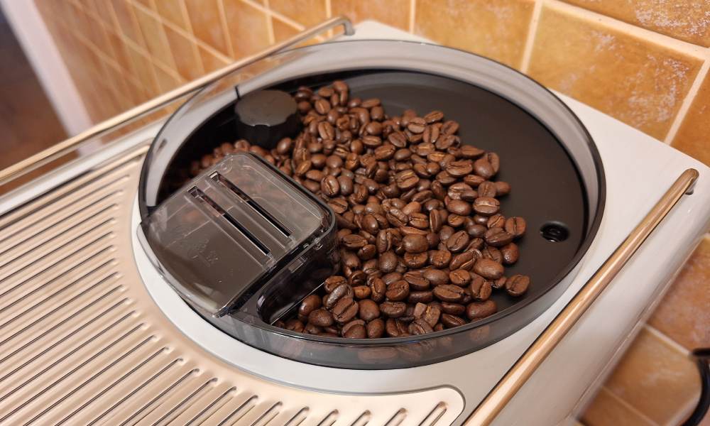 Zbliżenie na ziarna kawy wsypane do pojemnika w ekspresie do kawy.