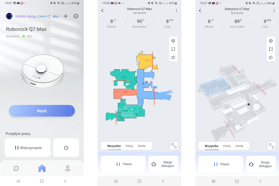 Po zakończeniu pracy Roborock Q7 Max+ zatrzymuje się i ogłasza, że zakończył pracę, po czym wraca do stacji.