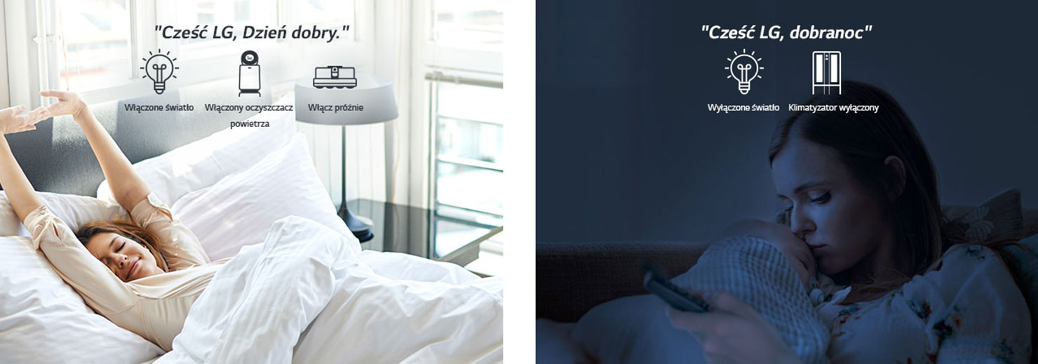 Kobieta budząca się rano w łóżku (po lewej) i z dzieckiem w nocy (po prawej)