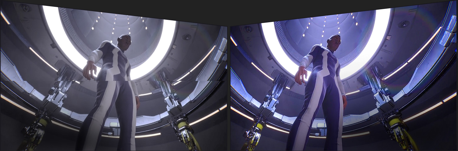Porównanie ekranów LCD/LED i OLED przedstawiające obok siebie dwa ekrany oświetlające tę samą scenę z gry, aby ukazać różnicę dotyczącą rozrywania obrazu