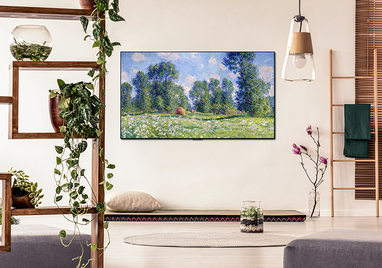 Images of a wall-maounted gallery design showing an artwork in the living rooms.