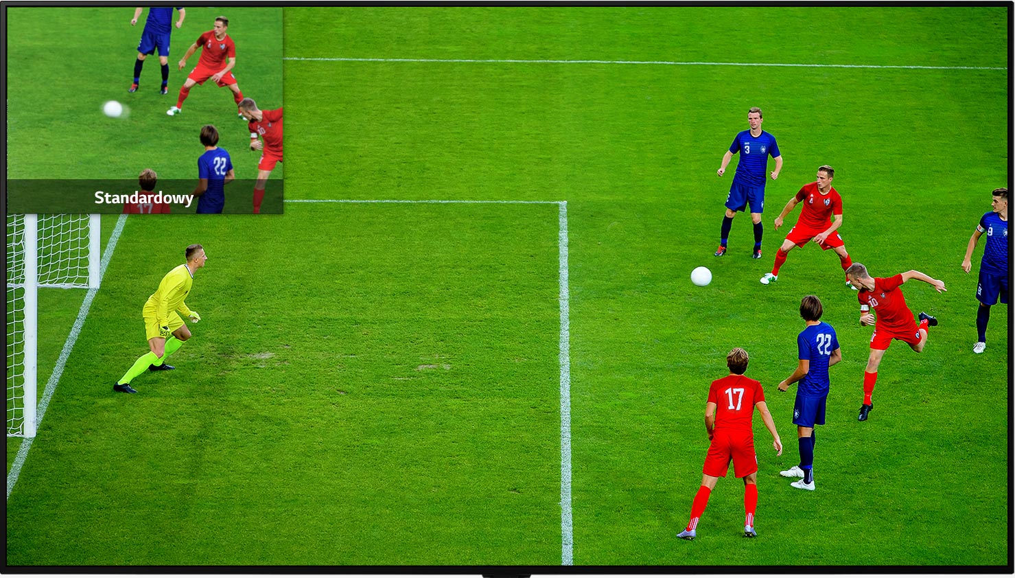 Ekran telewizora z obrazem w obrazie pozwalający porównać jakość pikseli na ekranie LCD/LED i OLED na przykładzie meczu piłkarskiego