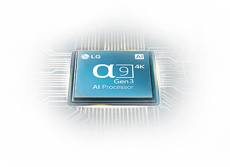 Procesor Alpha 9 Gen3 AI o niebieskim połysku na białym tle
