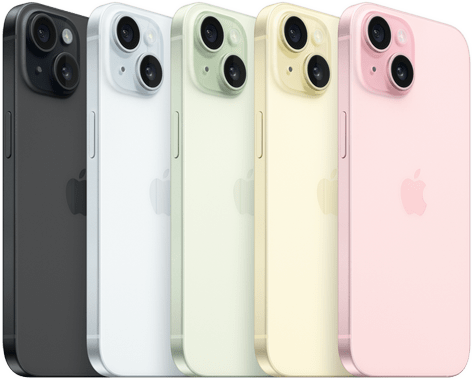 iPhone 15, widok tyłu obudowy z zaawansowanym systemem aparatów i barwionym szkłem we wszystkich kolorach wykończenia: czarnym, niebieskim, zielonym, żółtym i różowym.