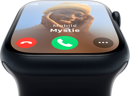 Widok z przodu na Apple Watch przedstawiający ekran z przychodzącym połączeniem telefonicznym.