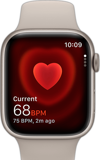 Widok z przodu na Apple Watch pokazujący wynik pomiaru tętna.