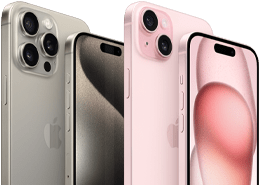 Widok przodu i tyłu iPhone’a 15 Pro w kolorze tytanu naturalnego i iPhone’a 15 w kolorze różowym