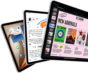 Trzy wyświetlacze iPada Air prezentujące funkcje systemu iPadOS i aplikacji