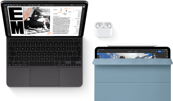 iPad Pro z klawiaturą Magic Keyboard i słuchawkami Airpods Pro. Drugi iPad z Apple Pencil i etui Smart Folio