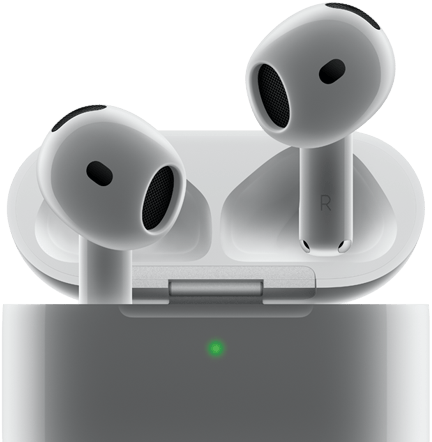 AirPods 4 wysuwają się z etui i unoszą do góry; dioda w etui świeci się na zielono