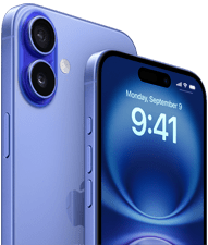 Dwa modele, iPhone 16 Plus, ultramaryna, tył obudowy, iPhone 16, ultramaryna, przód obudowy, wokół ekranu widać poświatę Apple Intelligence