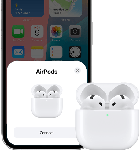 iPhone i słuchawki AirPods obok siebie. Na ekranie widać, że słuchawki są gotowe do sparowania.