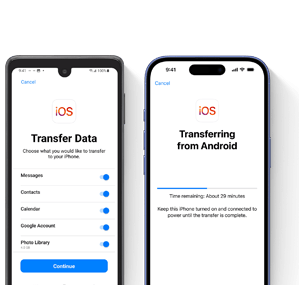 Konfiguracja nowego iPhone’a znajdującego się obok urządzenia z Androidem. Na ekranach pojawiają się instrukcje dla użytkownika dotyczące przesyłania danych z Androida do iPhone’a.