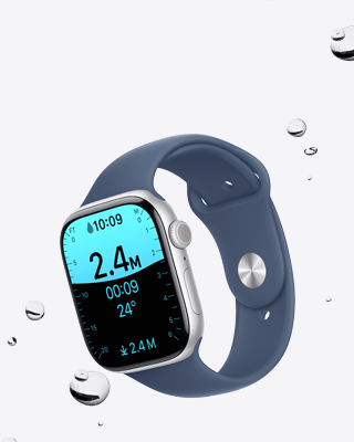 Ekran aplikacji Głębokość na Apple Watch Series 10, obok widać krople wody