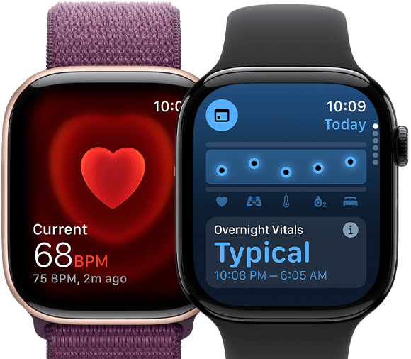 Dwa urządzenia Apple Watch Series 10, na jednym ekranie widać fazy snu, a na drugim powiadomienie o bezdechu sennym