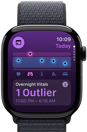 Aplikacja Parametry życiowe pokazująca na Apple Watch Series 10 nocne parametry życiowe z jedną wartością odstającą
