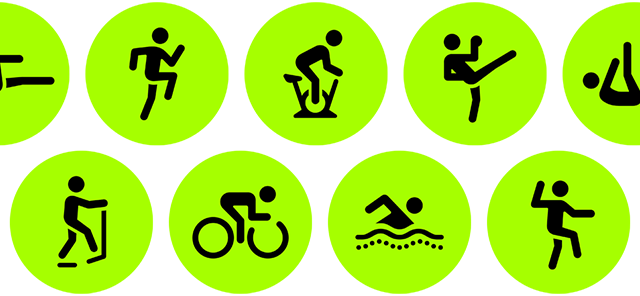 Ikony symbolizujące aktywności z apki Trening, w tym jazdę na rowerze, pływanie, taniec oraz wiele innych