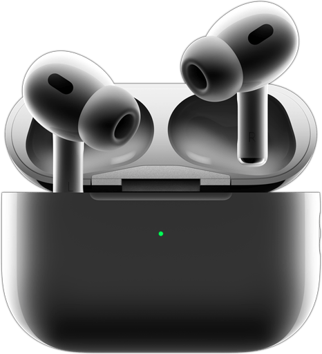 AirPods Pro 2 wychodzące z etui ładującego, świecąca się zielona dioda z przodu etui ładującego