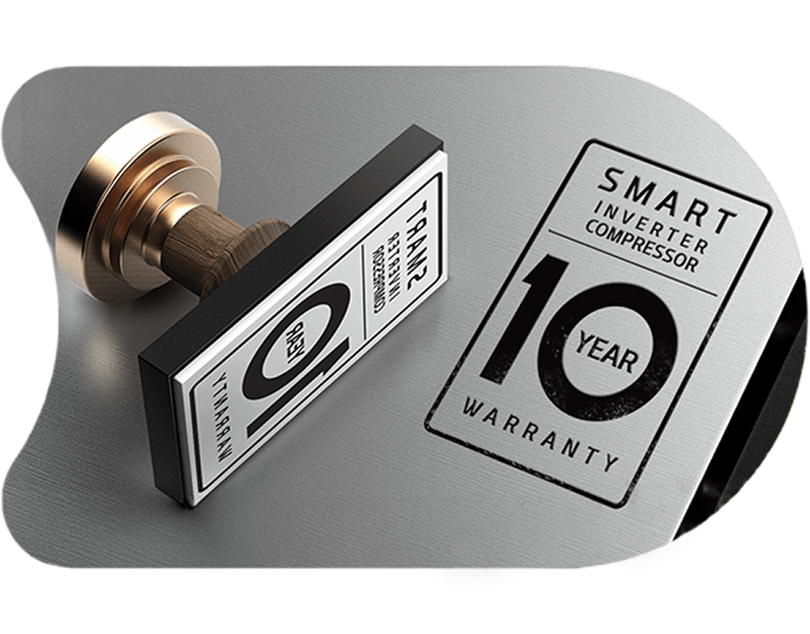 Duży prostokątny stempel ze złotą rączką i pieczątka z napisem Smart Inverter Compressor 10 Year Warranty