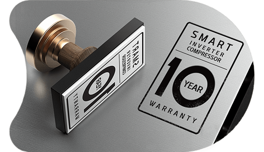Duży prostokątny stempel ze złotą rączką i pieczątka z napisem Smart Inverter Compressor 10 Year Warranty