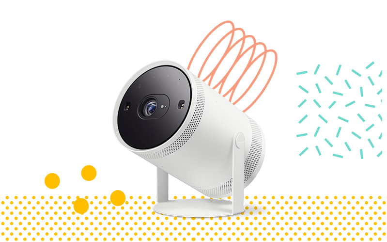 Samsung The Freestyle projektor na miętowym tle z kolorowymi kropkami. Promocja z powerbankiem dostępna w sklepach RTV Euro AGD.