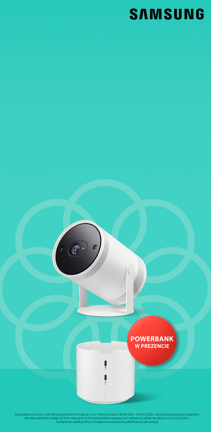 KV promocji kup Samsung The Freestyle i odbierz powerbank w prezencie. Miętowe tło z kwiatem i czerwonym badge.  Promocja dostępna w sklepach RTV Euro AGD.
