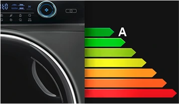 Szara pralka z cyfrowym wyświetlaczem i srebrnymi akcentami, obok skala efektywności energetycznej z kolorowymi paskami od zielonego do czerwonego.