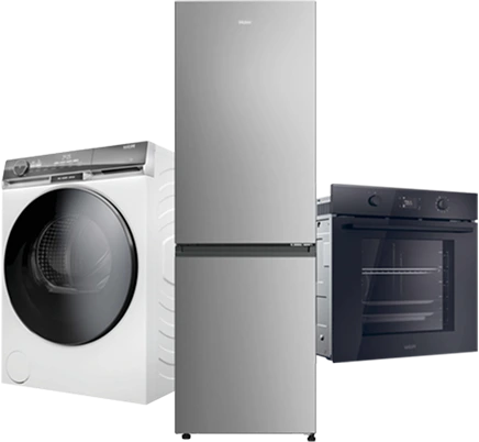 Zestaw sprzętu AGD: biała pralka ładowana od frontu, srebrna lodówka z dwoma drzwiami oraz ciemny piekarnik w zabudowie z szklanymi drzwiami i pokrętłami, na czarnym tle.