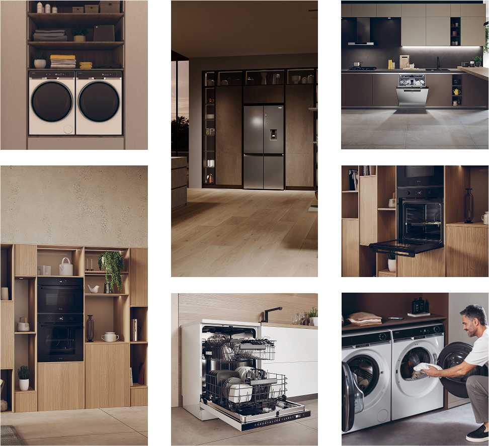 Nowoczesne urządzenia kuchenne, w tym dwa pralki ustawione jedna na drugiej, wbudowane piekarniki, zmywarki oraz lodówka. Wnętrze charakteryzuje się minimalistycznym stylem i neutralną paletą kolorów, co podkreśla elegancję i funkcjonalność kuchni.