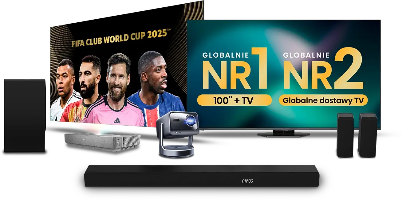 Kompletny system multimedialny Hisense z telewizorami, projektorem, soundbarem ATMOS i głośnikami