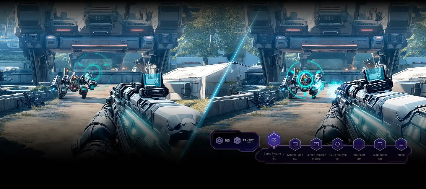 Graficzna scena z gry z futurystyczną bronią i robotami, interfejs z ikonami na dole.