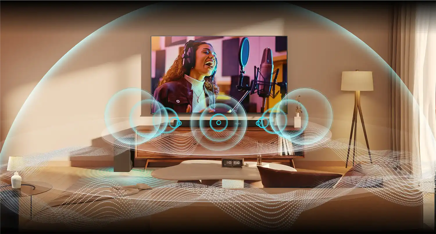 Telewizor z wyświetlanym obrazem wokalistki, otoczony wizualizacją dźwięku w jasnym salonie