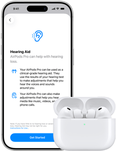 AirPods Pro 3 w etui ładującym MagSafe, iPhone 17 Pro, tekst na ekranie: Aparat słuchowy