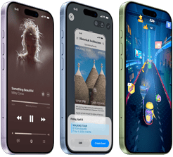 Urządzenia iPhone 17 pokazane z przodu i z boku z wyeksponowanymi przyciskami głośności i przyciskiem czynności, na ekranach zaprezentowane są aplikacja Apple Music, funkcja Inteligencja wizualna i gra mobilna