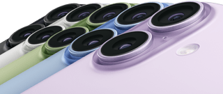 iPhone 17, tył urządzenia, system dwóch aparatów Fusion, modele w pięciu kolorach: czarny, biały, szałwia, gołębi i lawenda, nachodzące na siebie