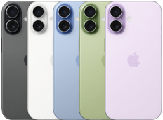 iPhone 17, tył urządzenia, system dwóch aparatów Fusion, wszystkie pięć kolorów nachodzących na siebie: czarny, biały, szałwia, gołębi i lawenda