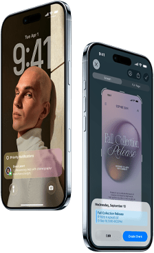 Dwa urządzenia iPhone Air pokazane z boku i z przodu, wyeksponowane są smukły profil, ekran blokady i działanie funkcji Inteligencja wizualna