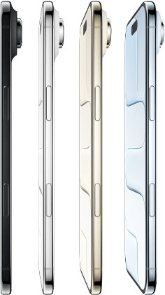 Pokazany z boku iPhone Air we wszystkich czterech kolorach: błękitnym, jasnego złota, białego obłoku i gwiezdnej czerni. Prezentacja bardzo smukłego profilu, systemu aparatu Fusion, przycisku bocznego i panelu Sterowanie aparatem