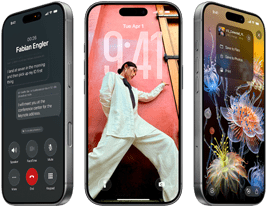 3 modele iPhone’a 17 Pro, przód, ustawione obok siebie urządzenia prezentują iOS 26, efekt Liquid Glass i funkcję Apple Intelligence