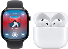 Apple Watch Series 11, koperta z tytanu w kolorze łupku, pasek sportowy w kolorze czarnym, aplikacja Apple Music, ekran Odtwarzanie, urządzenie sparowane ze słuchawkami AirPods