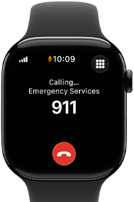 Apple Watch Series 11 z kopertą z aluminium w kolorze onyksu, z paskiem sportowym w kolorze czarnym, na wyświetlaczu widać połączenie z numerem alarmowym, prawa strona obudowy: pokrętło Digital Crown